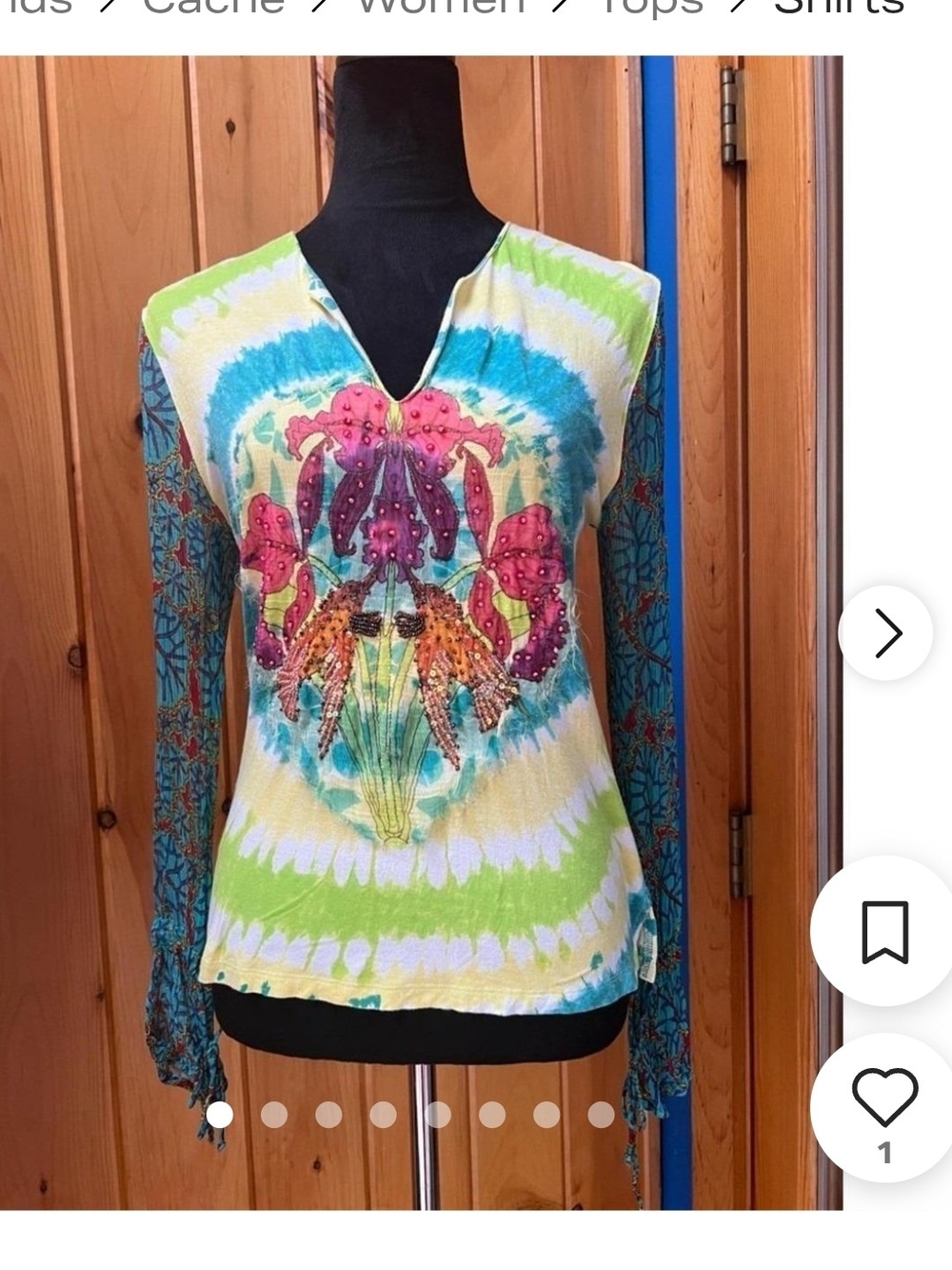 Cache Vintage  Multi-Color Tie-Dye Long Sleeve Top with Floral Graphic